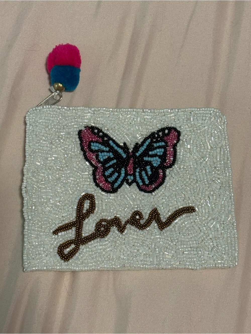 Beaded Butterfly 'Love' Pouch with Pink & Blue Pom Pom